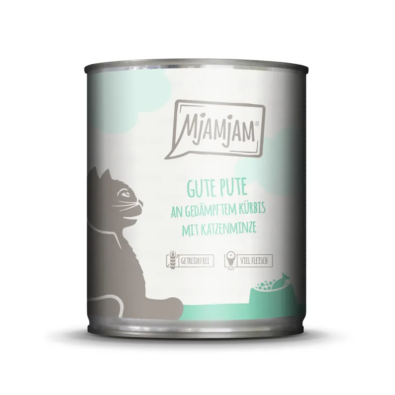 Preisknaller Sparpaket 6 x 800 g Mjamjam Gute Pute an gedämpftem Kürbis mit Katzenminze Katzen Nassfutter
